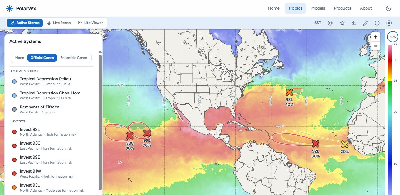 Wide PolarWx map showing the Atlantic basin, eastern United States, Caribbean, west Africa, and all current Atlantic areas of concern